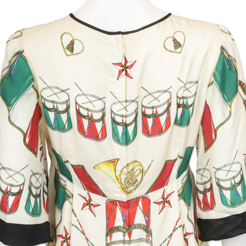 Dolce & Gabbana Cream Drum Instrument Print Silk Midi Dress