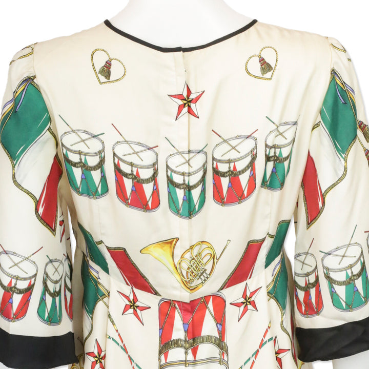 Dolce & Gabbana Cream Drum Instrument Print Silk Midi Dress
