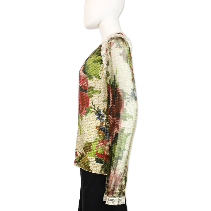 Dolce & Gabbana Floral Knit Printed Lace Trim Long Sleeve Blouse