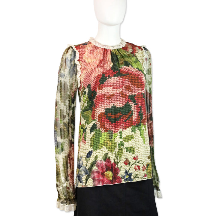 Dolce & Gabbana Floral Knit Printed Lace Trim Long Sleeve Blouse