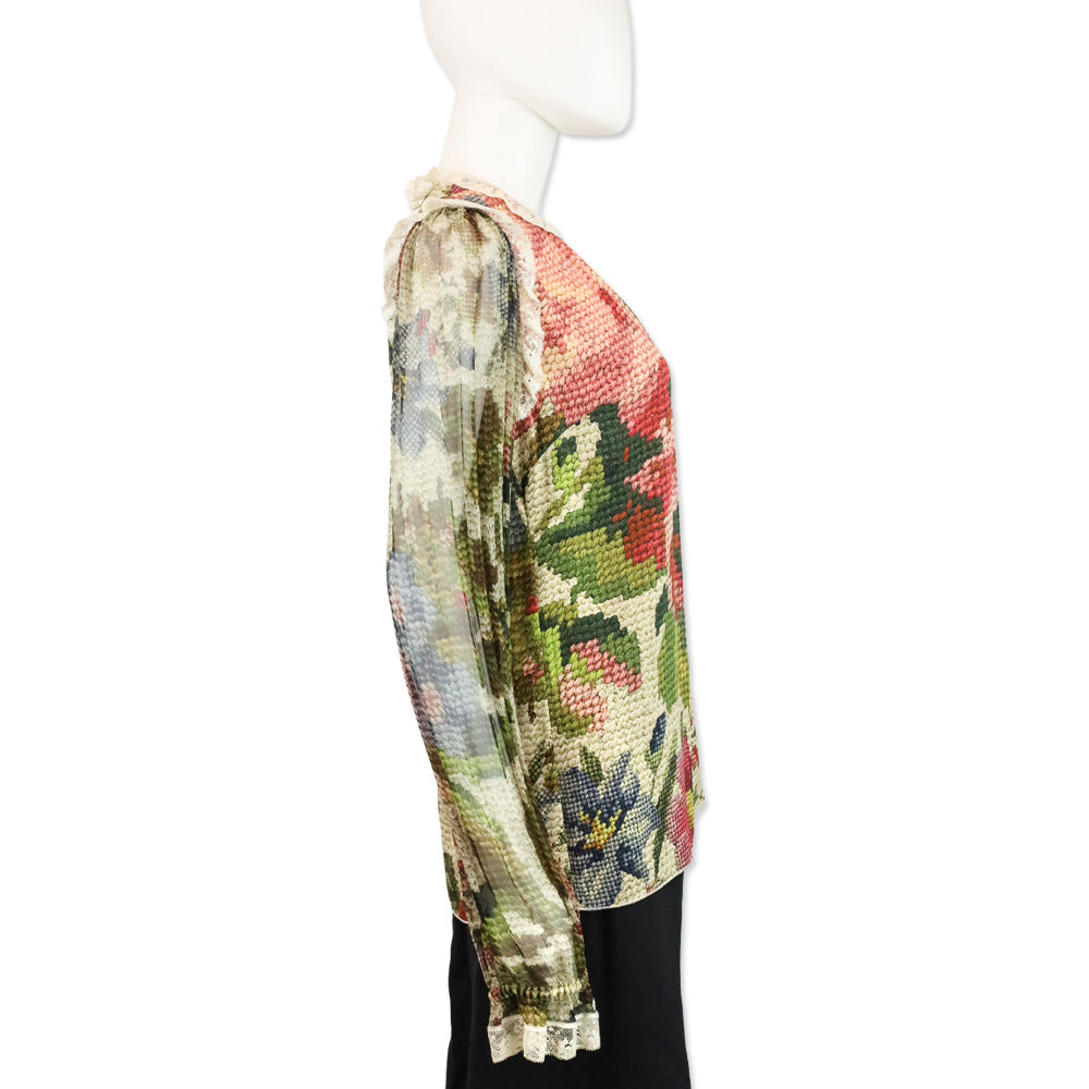 Dolce & Gabbana Floral Knit Printed Lace Trim Long Sleeve Blouse