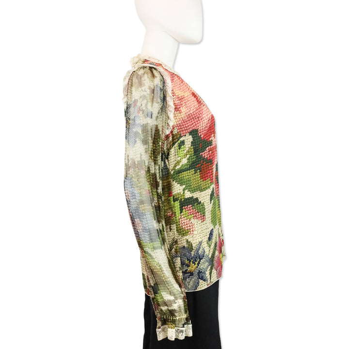 Dolce & Gabbana Floral Knit Printed Lace Trim Long Sleeve Blouse