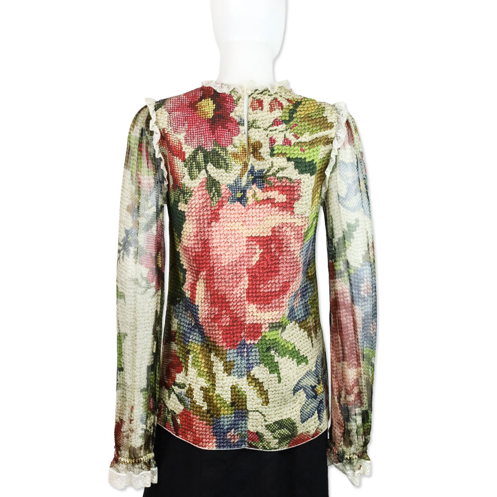 Dolce & Gabbana Floral Knit Printed Lace Trim Long Sleeve Blouse