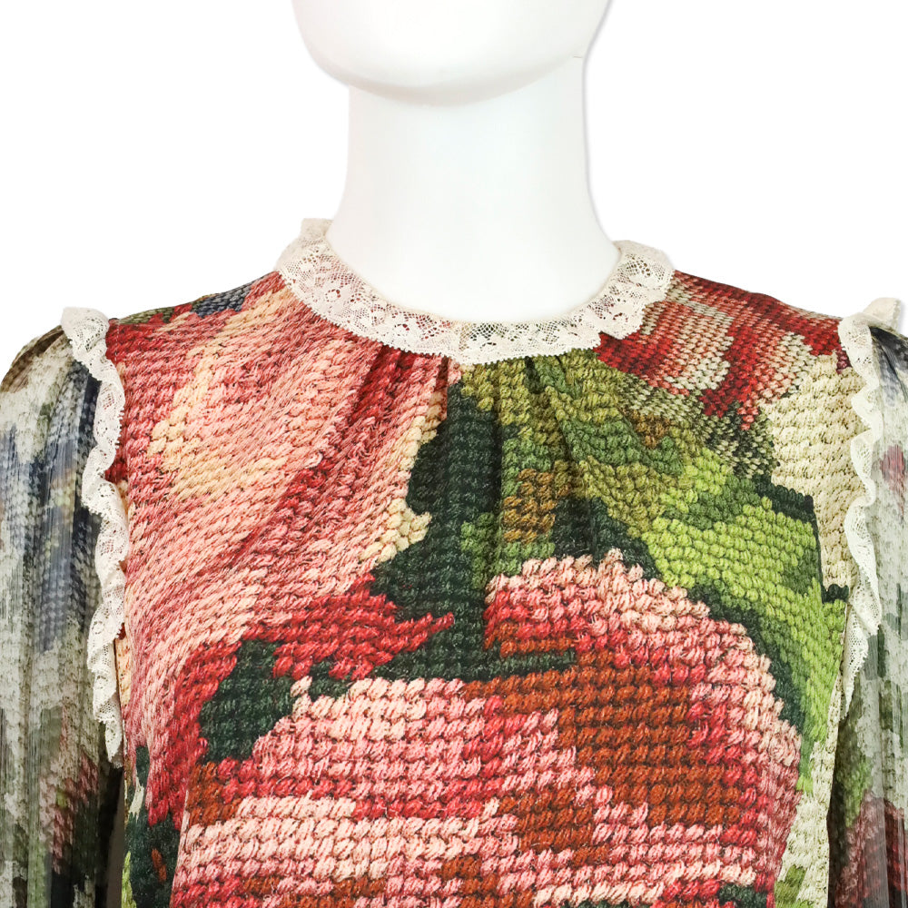 Dolce & Gabbana Floral Knit Printed Lace Trim Long Sleeve Blouse