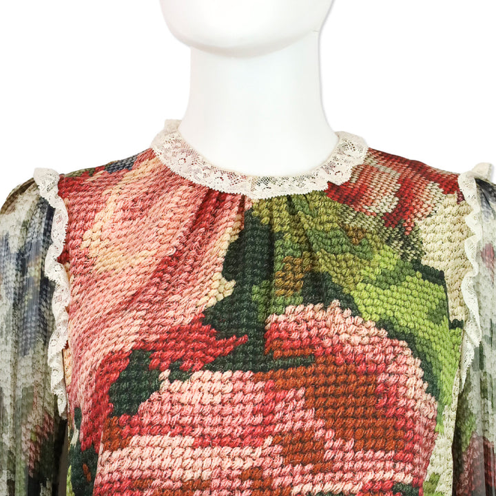 Dolce & Gabbana Floral Knit Printed Lace Trim Long Sleeve Blouse