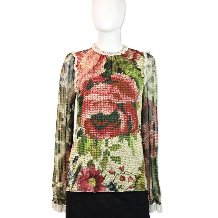 Dolce & Gabbana Floral Knit Printed Lace Trim Long Sleeve Blouse