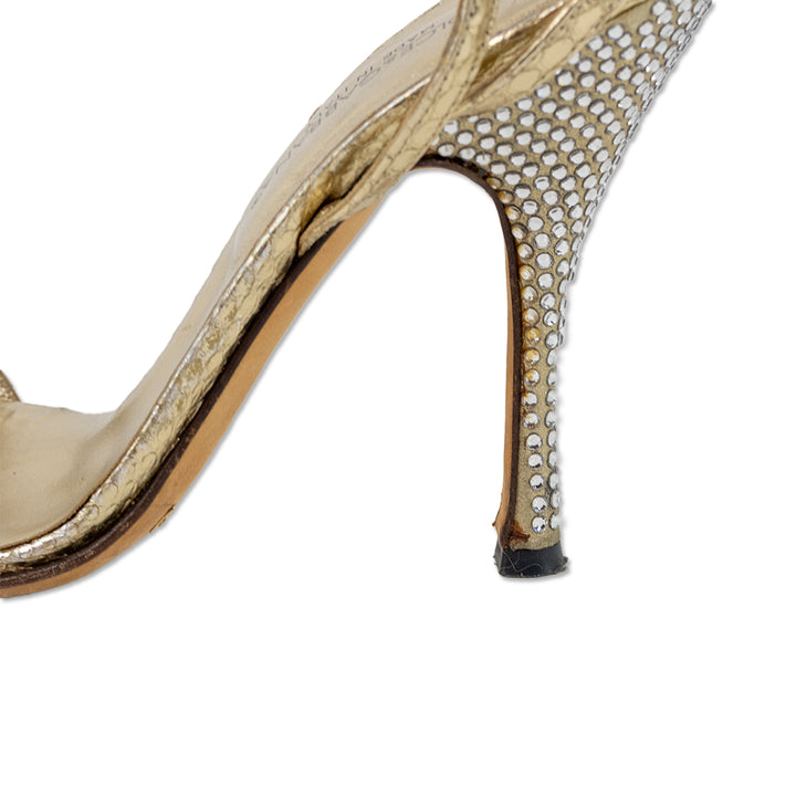 Dolce & Gabbana Gold Embossed Leather Pumps with Crystal Embellished Heels