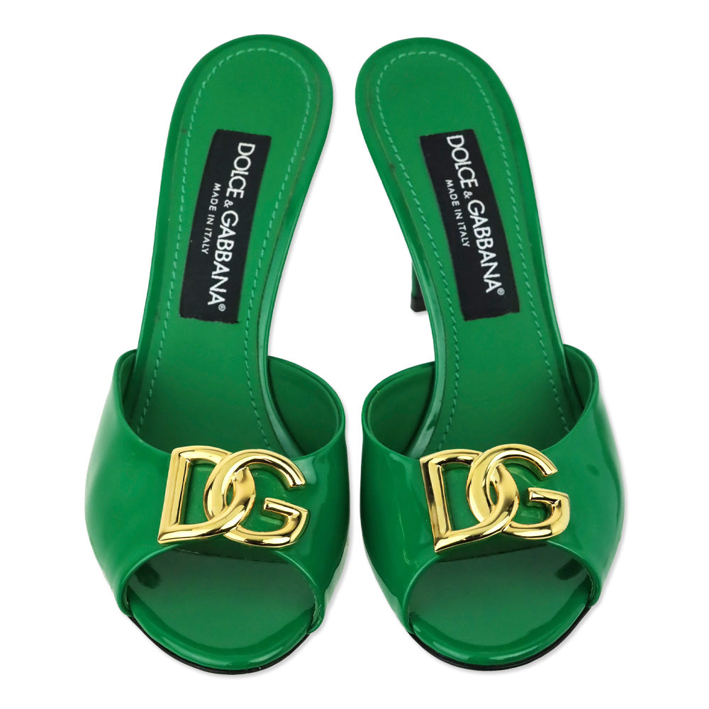 Dolce & Gabbana Green Patent Leather DG Logo Mules