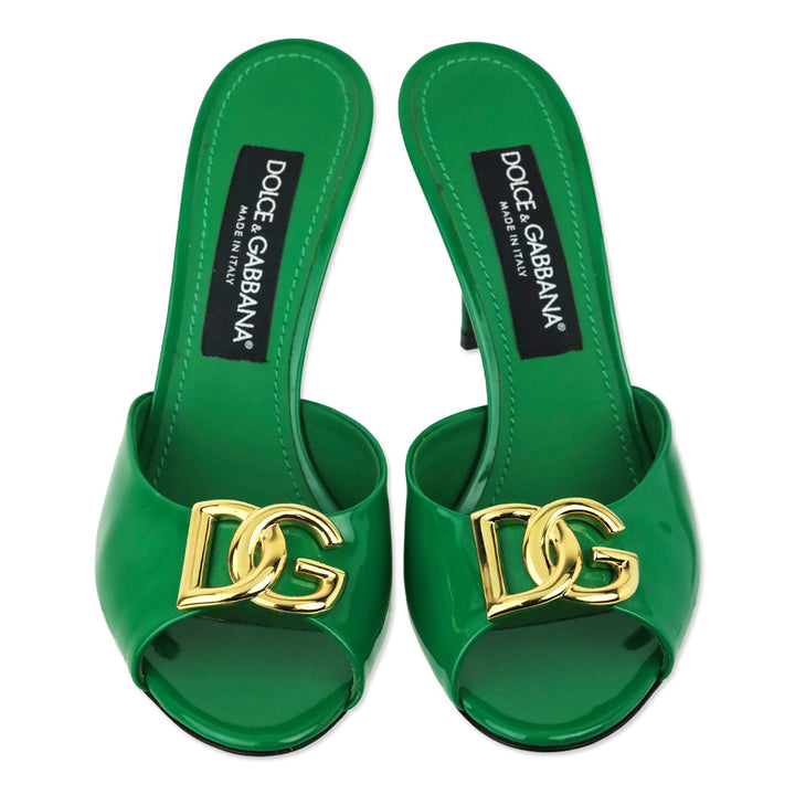 Dolce & Gabbana Green Patent Leather DG Logo Mules