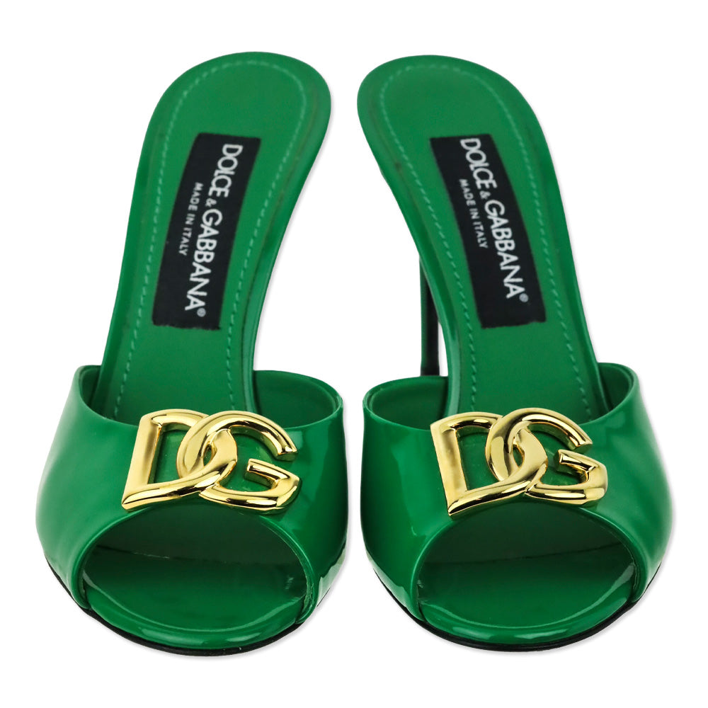 Dolce & Gabbana Green Patent Leather DG Logo Mules