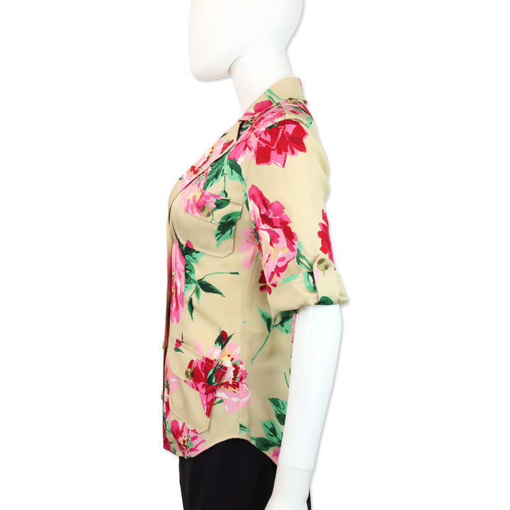 Dolce & Gabbana Khaki Pink Peonies Print Camp Collar Button Up Blouse