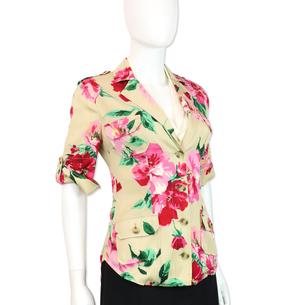 Dolce & Gabbana Khaki Pink Peonies Print Camp Collar Button Up Blouse