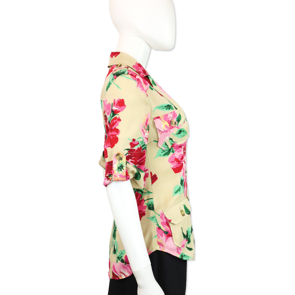 Dolce & Gabbana Khaki Pink Peonies Print Camp Collar Button Up Blouse