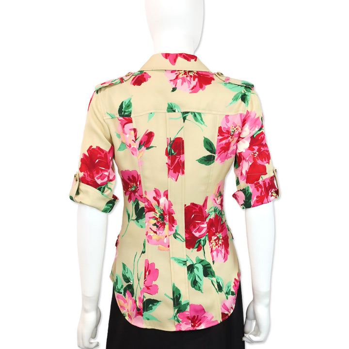Dolce & Gabbana Khaki Pink Peonies Print Camp Collar Button Up Blouse