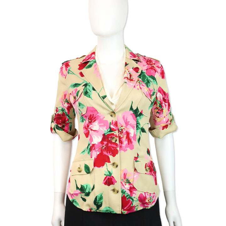 Dolce & Gabbana Khaki Pink Peonies Print Camp Collar Button Up Blouse