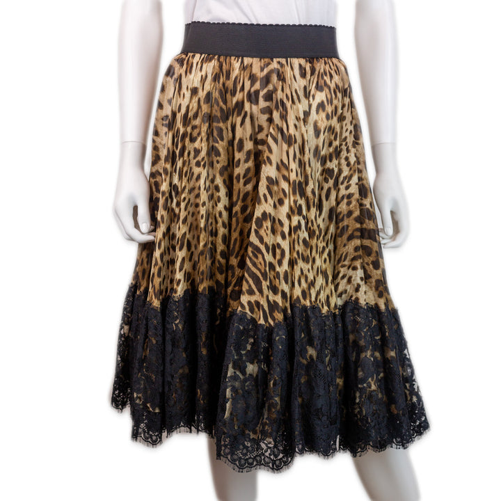 Dolce & Gabbana Leopard Print Black Lace Trim Pleated Midi Skirt