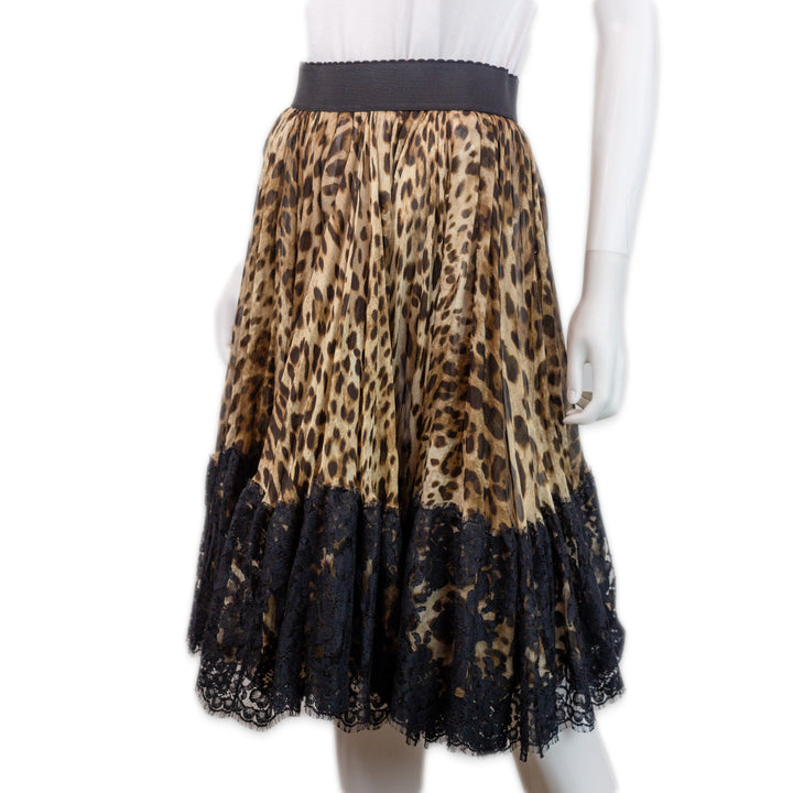 Dolce & Gabbana Leopard Print Black Lace Trim Pleated Midi Skirt