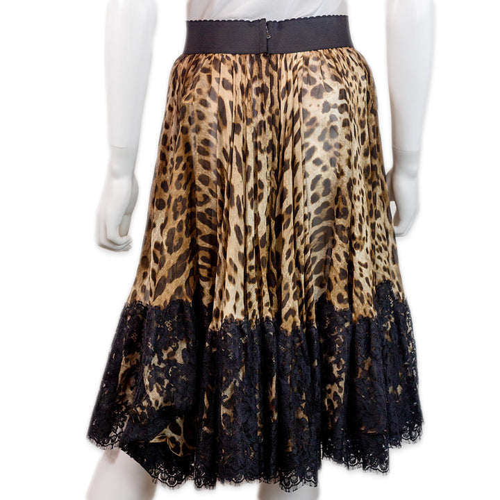 Dolce & Gabbana Leopard Print Black Lace Trim Pleated Midi Skirt