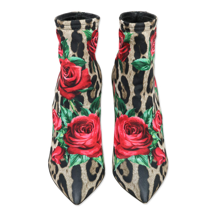 Dolce & Gabbana Leopard/Rose Print Jersey Short Booties