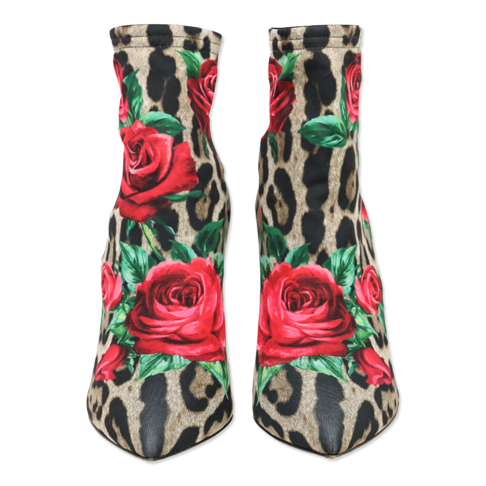 Dolce & Gabbana Leopard/Rose Print Jersey Short Booties