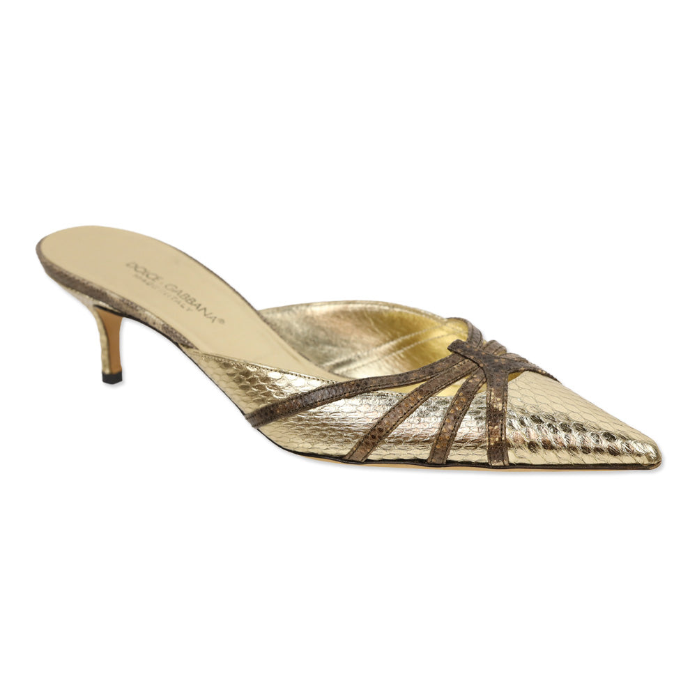 Dolce & Gabbana Metallic Gold Snakeskin Embossed Leather Kitten Mules