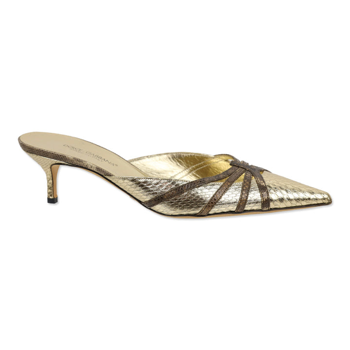 Dolce & Gabbana Metallic Gold Snakeskin Embossed Leather Kitten Mules