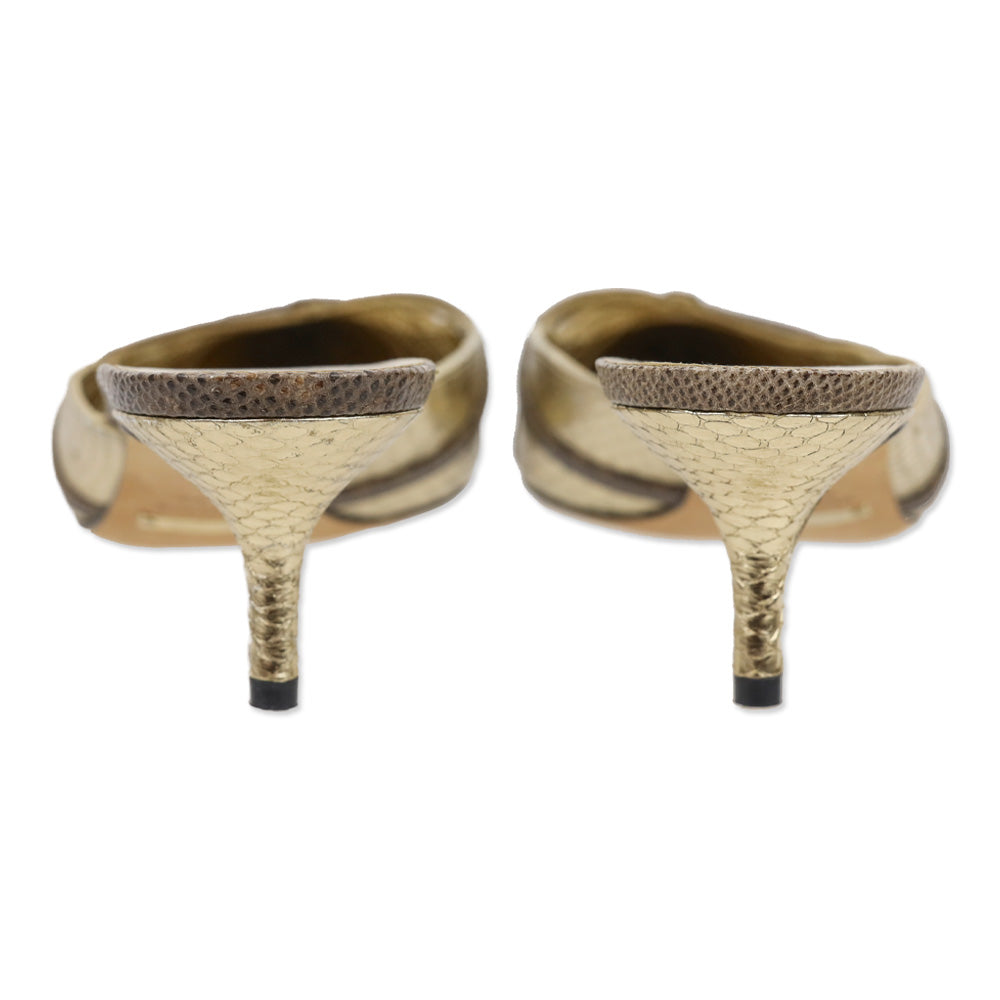 Dolce & Gabbana Metallic Gold Snakeskin Embossed Leather Kitten Mules