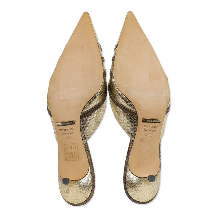 Dolce & Gabbana Metallic Gold Snakeskin Embossed Leather Kitten Mules