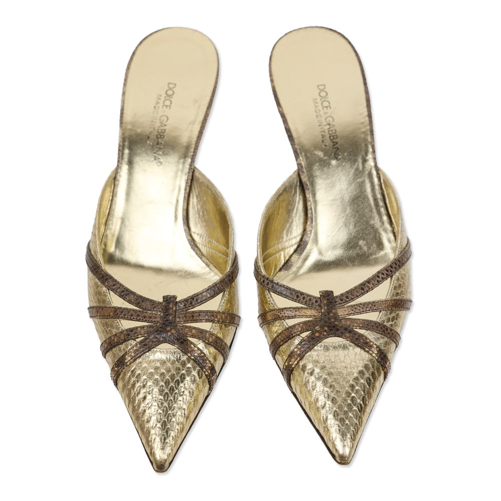 Dolce & Gabbana Metallic Gold Snakeskin Embossed Leather Kitten Mules