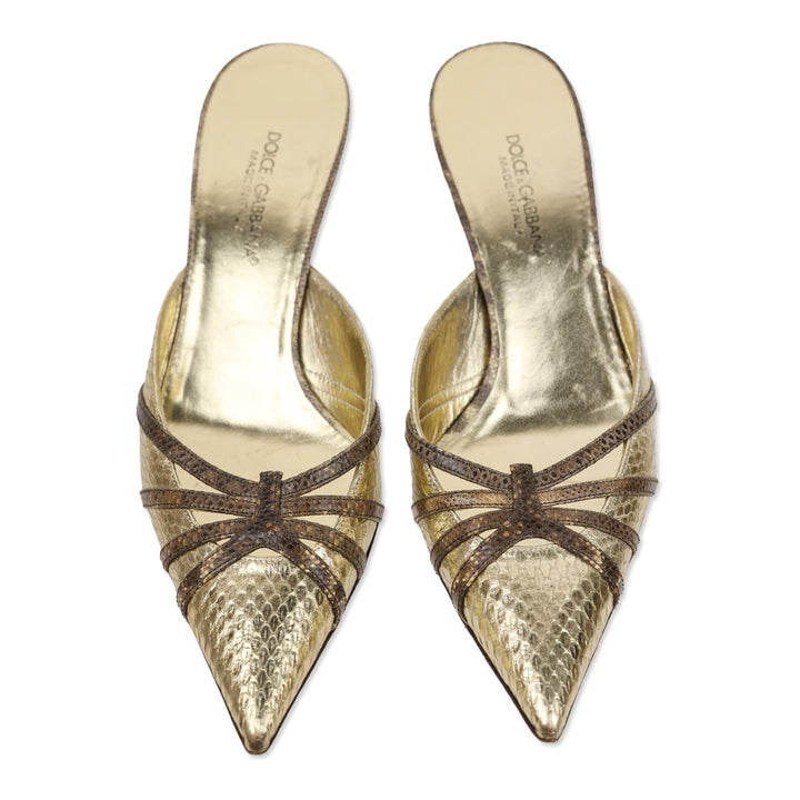 Dolce & Gabbana Metallic Gold Snakeskin Embossed Leather Kitten Mules