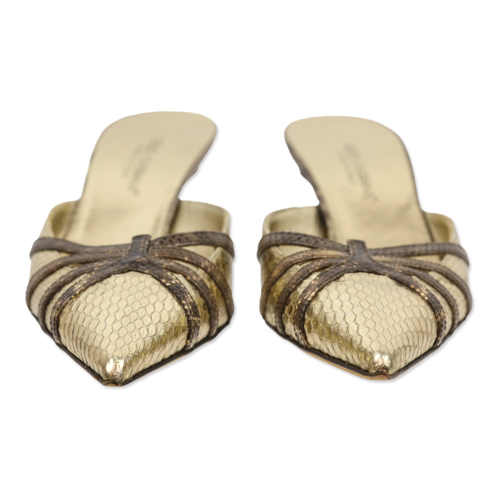 Dolce & Gabbana Metallic Gold Snakeskin Embossed Leather Kitten Mules