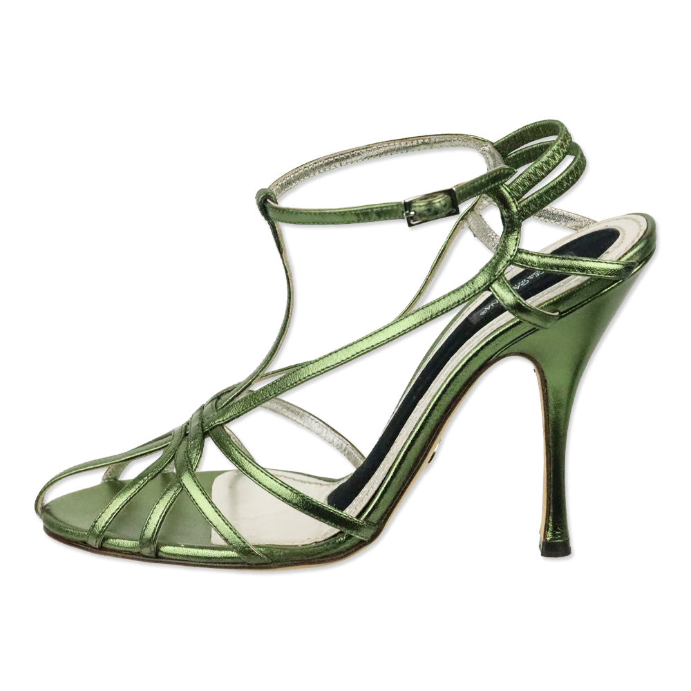 Dolce & Gabbana Metallic Green Nappa Leather Strappy Sandal