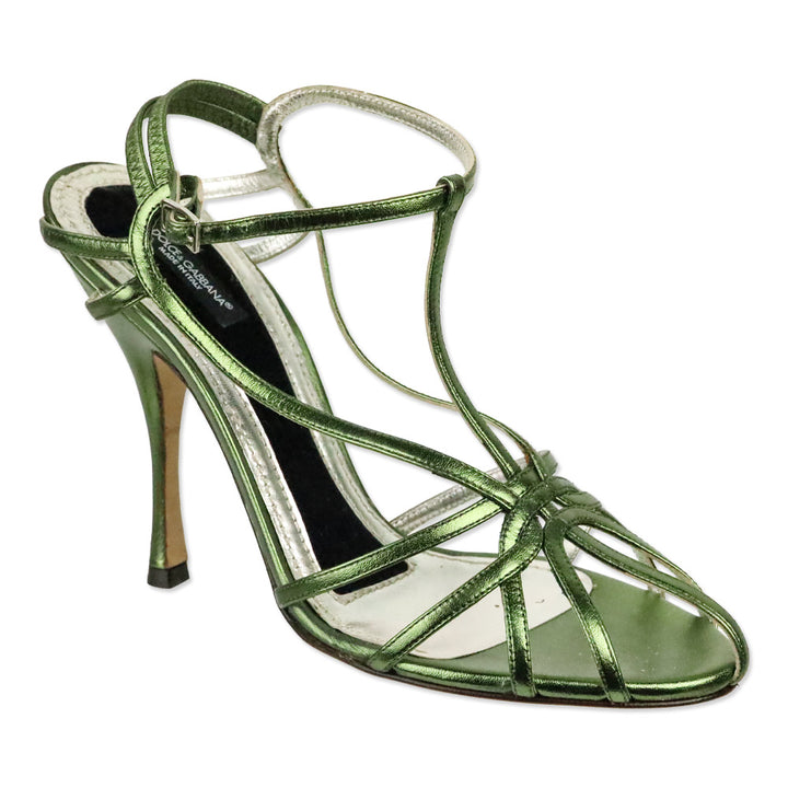 Dolce & Gabbana Metallic Green Nappa Leather Strappy Sandal