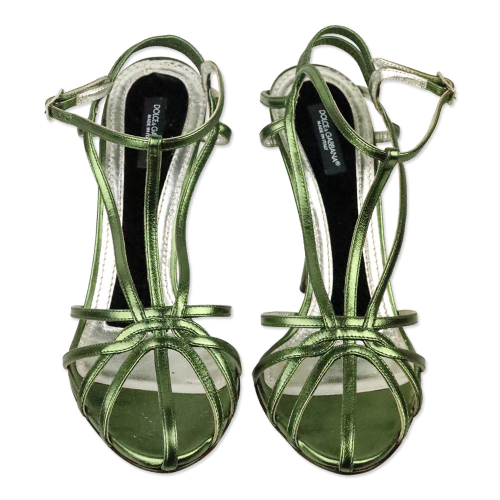 Dolce & Gabbana Metallic Green Nappa Leather Strappy Sandal