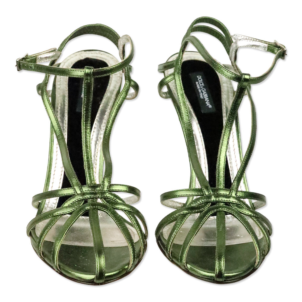 Dolce & Gabbana Metallic Green Nappa Leather Strappy Sandal