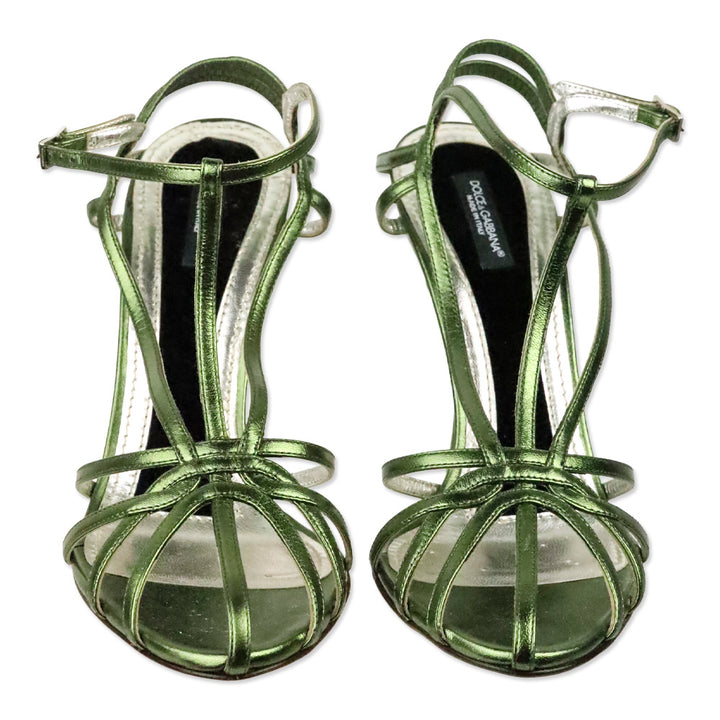 Dolce & Gabbana Metallic Green Nappa Leather Strappy Sandal