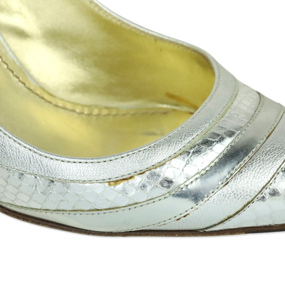 Dolce & Gabbana Metallic Silver Multi Python Leather Slingback Heels