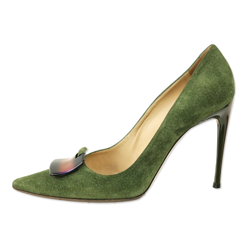 Dolce & Gabbana Olive Green Suede Holographic Buckle Pumps