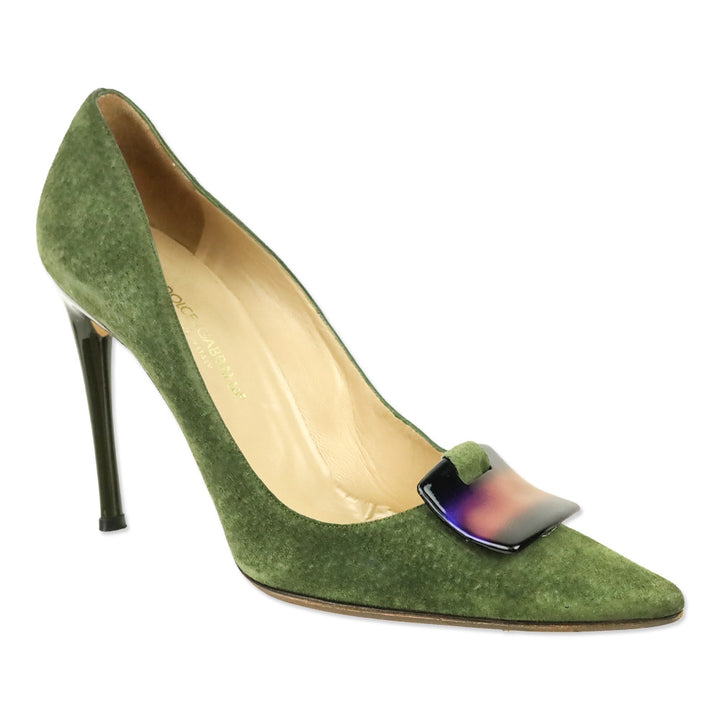 Dolce & Gabbana Olive Green Suede Holographic Buckle Pumps