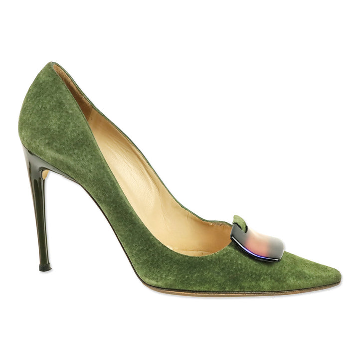 Dolce & Gabbana Olive Green Suede Holographic Buckle Pumps
