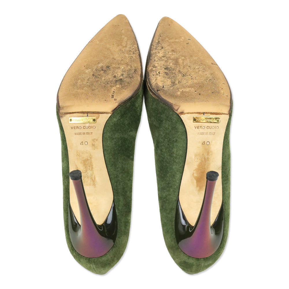 Dolce & Gabbana Olive Green Suede Holographic Buckle Pumps