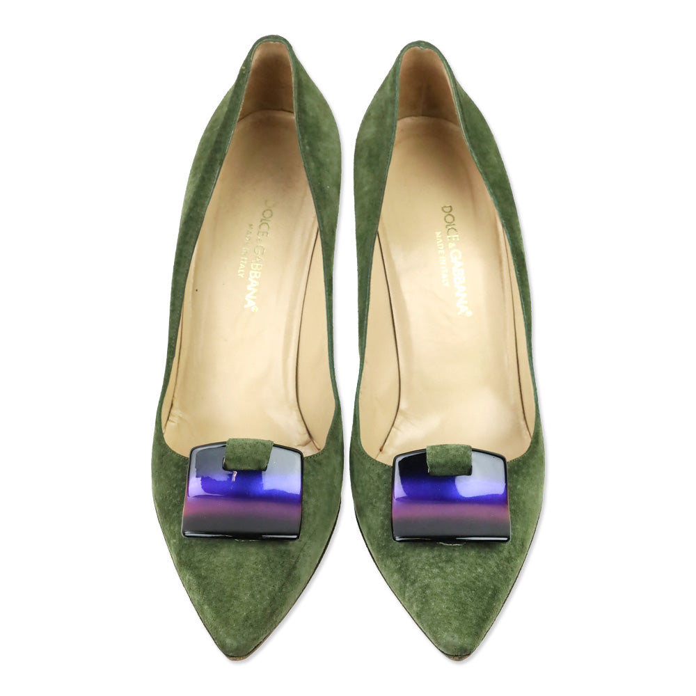 Dolce & Gabbana Olive Green Suede Holographic Buckle Pumps