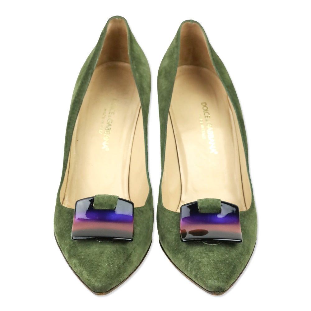 Dolce & Gabbana Olive Green Suede Holographic Buckle Pumps