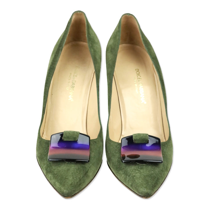 Dolce & Gabbana Olive Green Suede Holographic Buckle Pumps