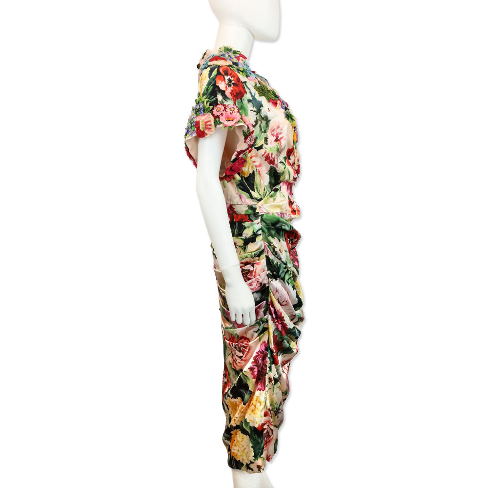 Dolce & Gabbana Pink Floral Print Poplin Appliqué Ruched Midi Dress