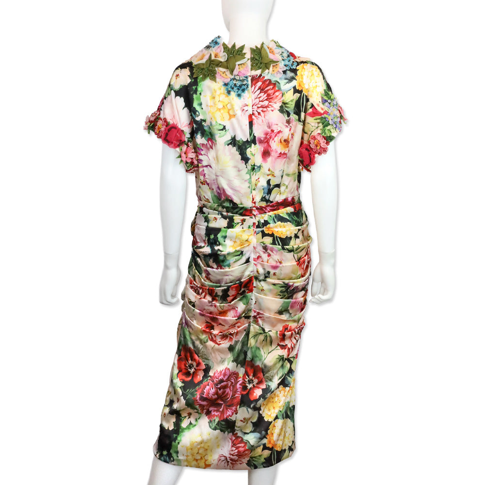 Dolce & Gabbana Pink Floral Print Poplin Appliqué Ruched Midi Dress