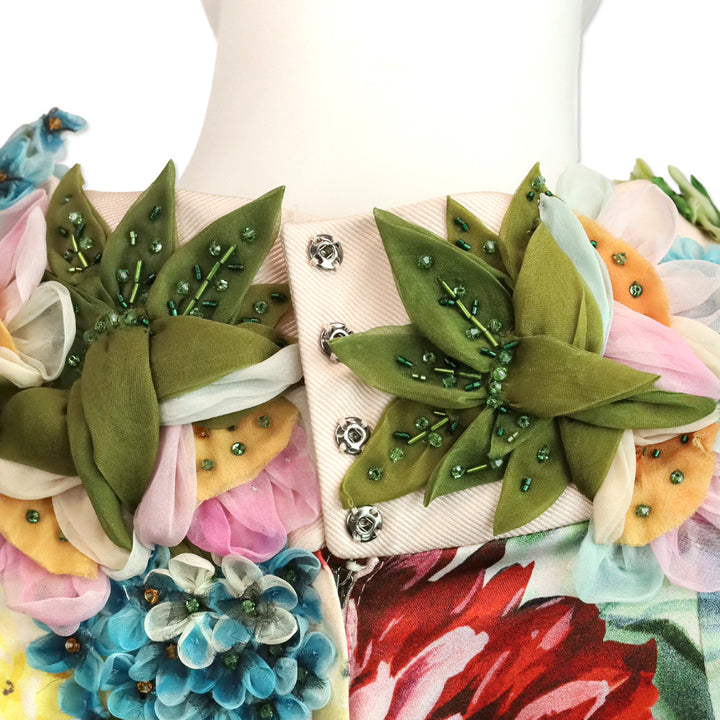 Dolce & Gabbana Pink Floral Print Poplin Appliqué Ruched Midi Dress