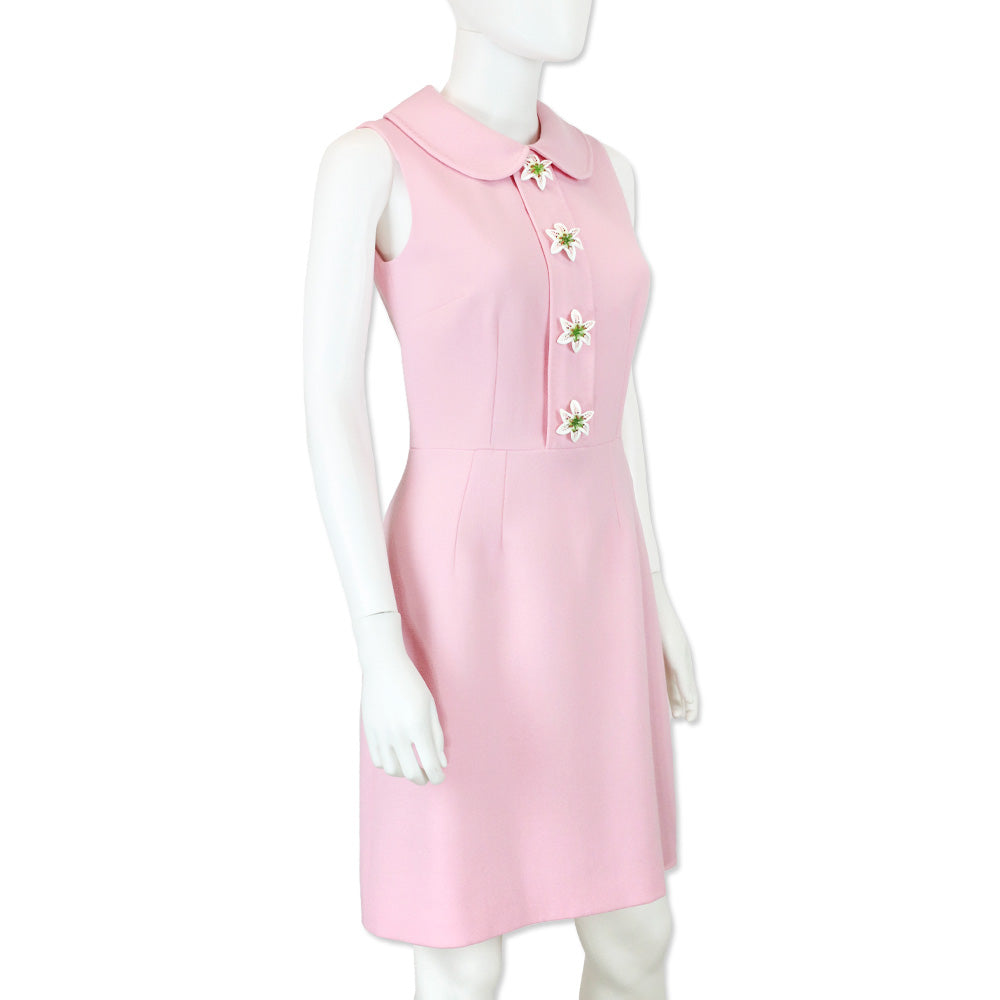 Dolce & Gabbana Pink Wool Lily Flower Embellished Sleeveless Mini Dress
