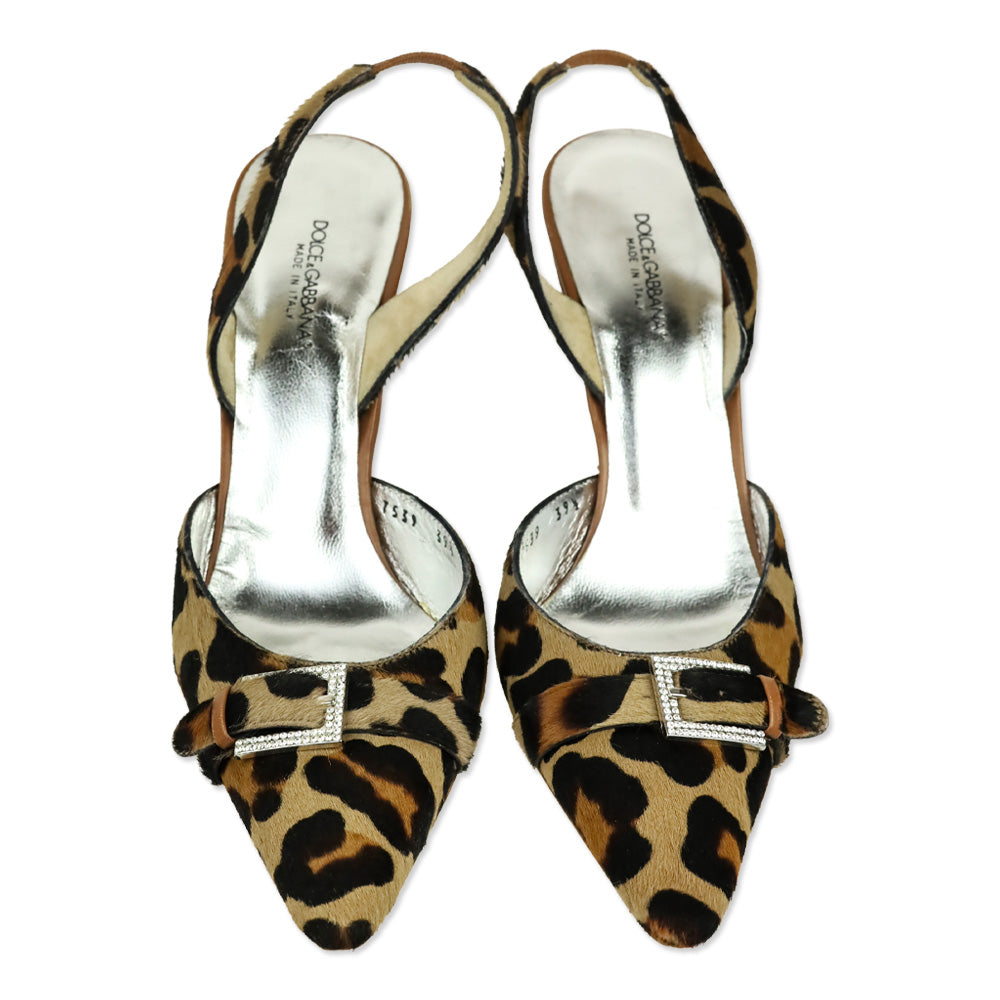 Dolce & Gabbana Leopard Print Calf Hair Crystal Buckle Kitten Heel