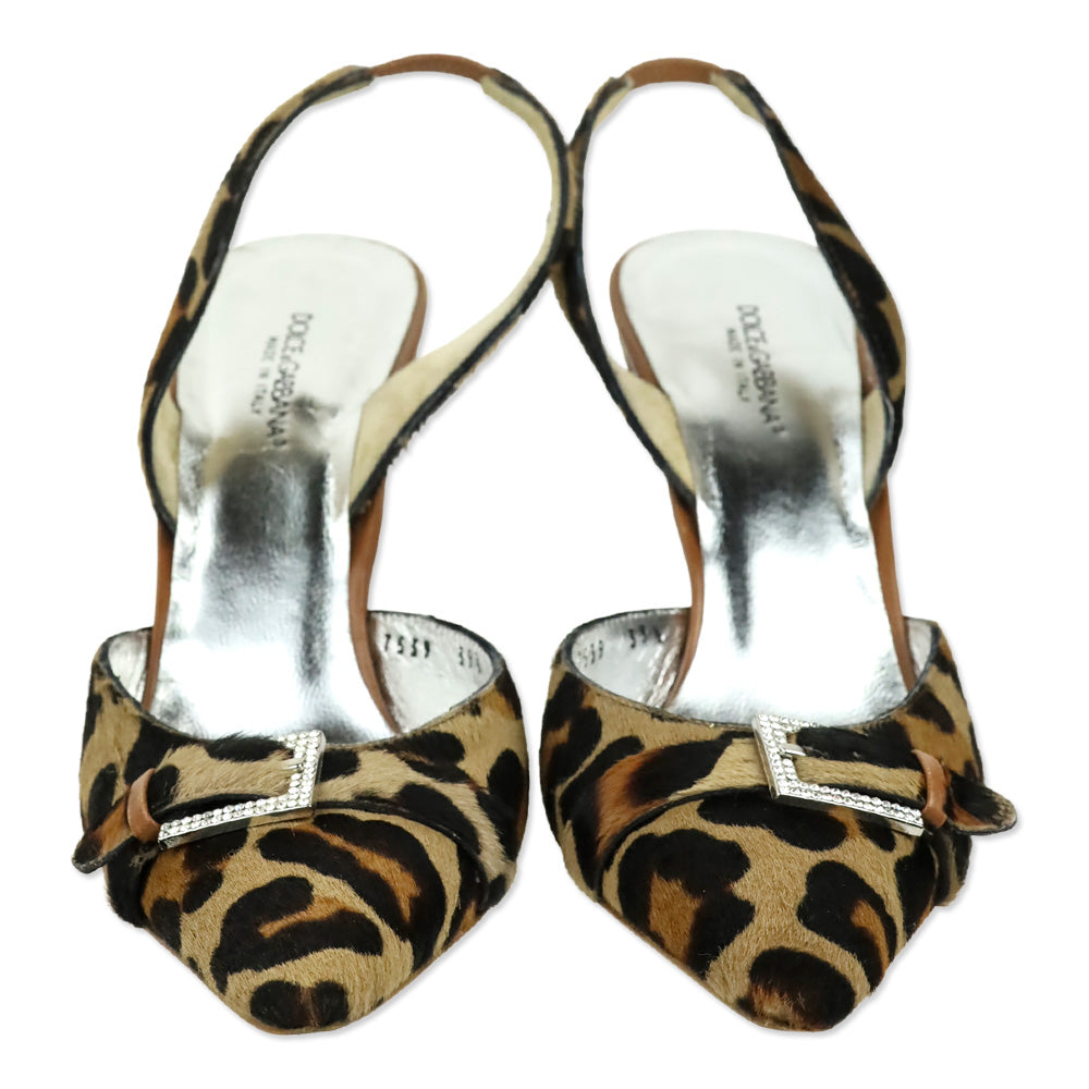 Dolce & Gabbana Leopard Print Calf Hair Crystal Buckle Kitten Heel